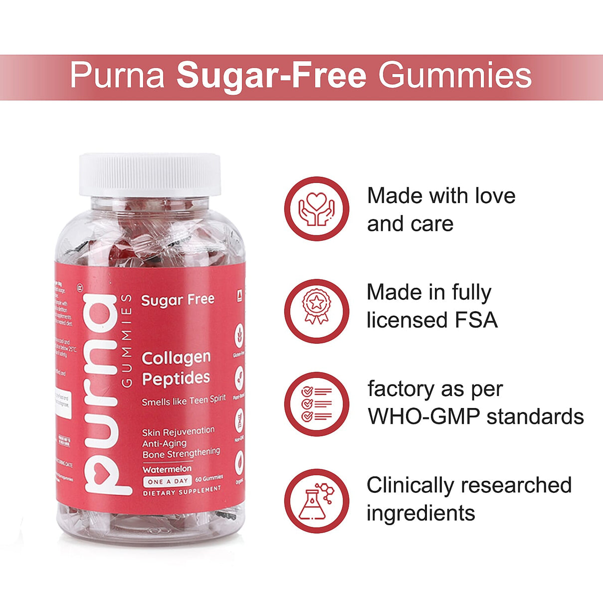 Purna Gummies - Big Pack - Collagen Peptides Sugar Free Watermelon Flavour - 60 Gummies 7732739 4