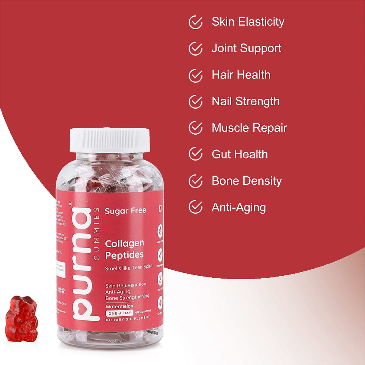 Purna Gummies - Big Pack - Collagen Peptides Sugar Free Watermelon Flavour - 60 Gummies 7732739 5