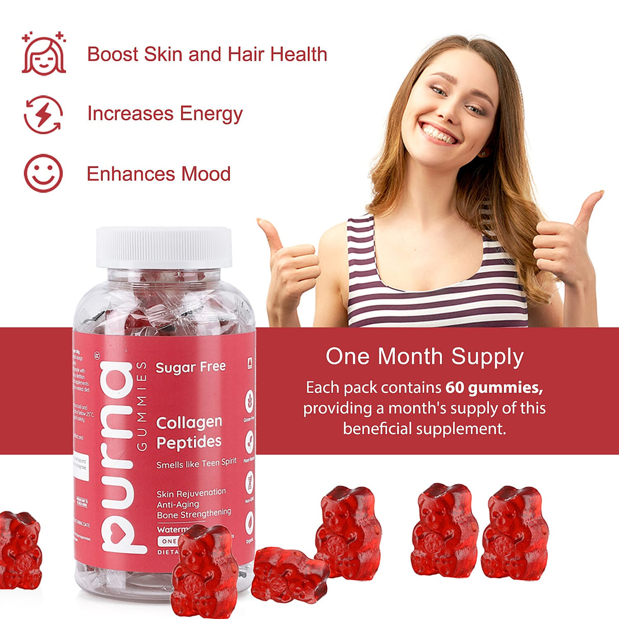 Purna Gummies - Big Pack - Collagen Peptides Sugar Free Watermelon Flavour - 60 Gummies 7732739 6