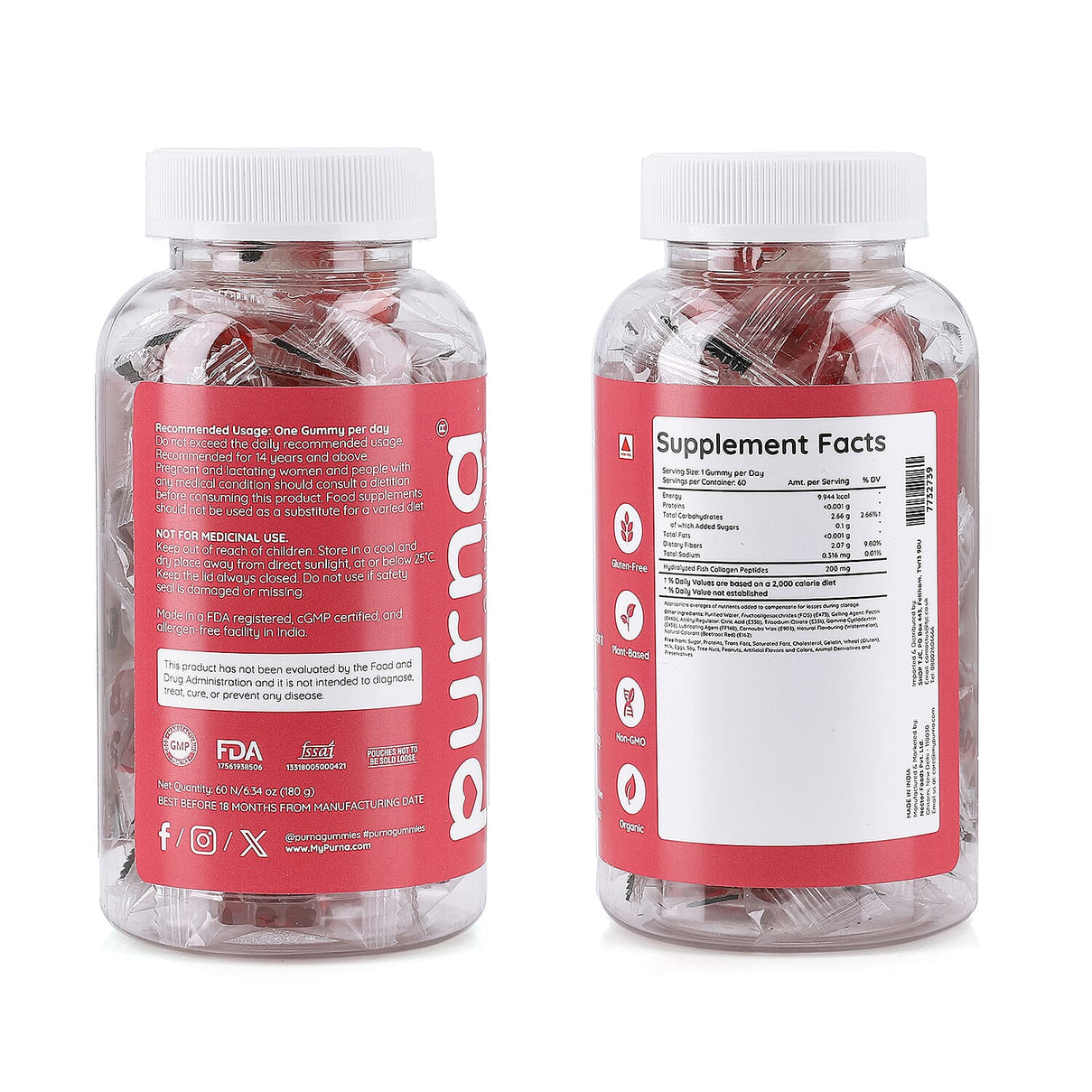 Purna Gummies - Big Pack - Collagen Peptides Sugar Free Watermelon Flavour - 60 Gummies 7732739 8