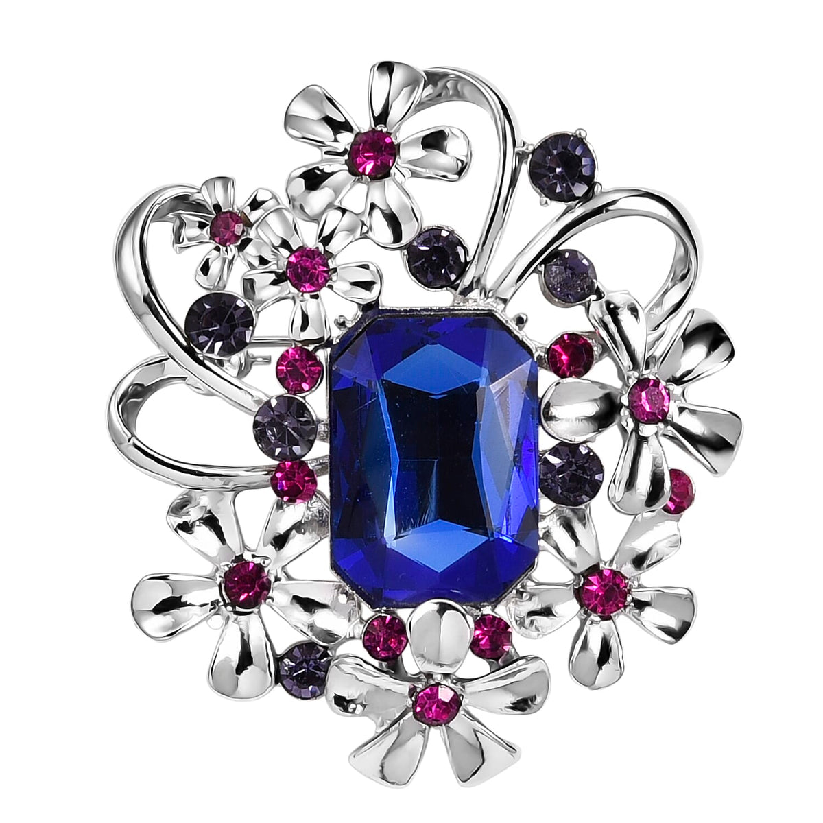 Purple Crystal, Fuchsia Crystal &amp; Blue Glass Floral Brooch in White Silver Tone 8311531 0