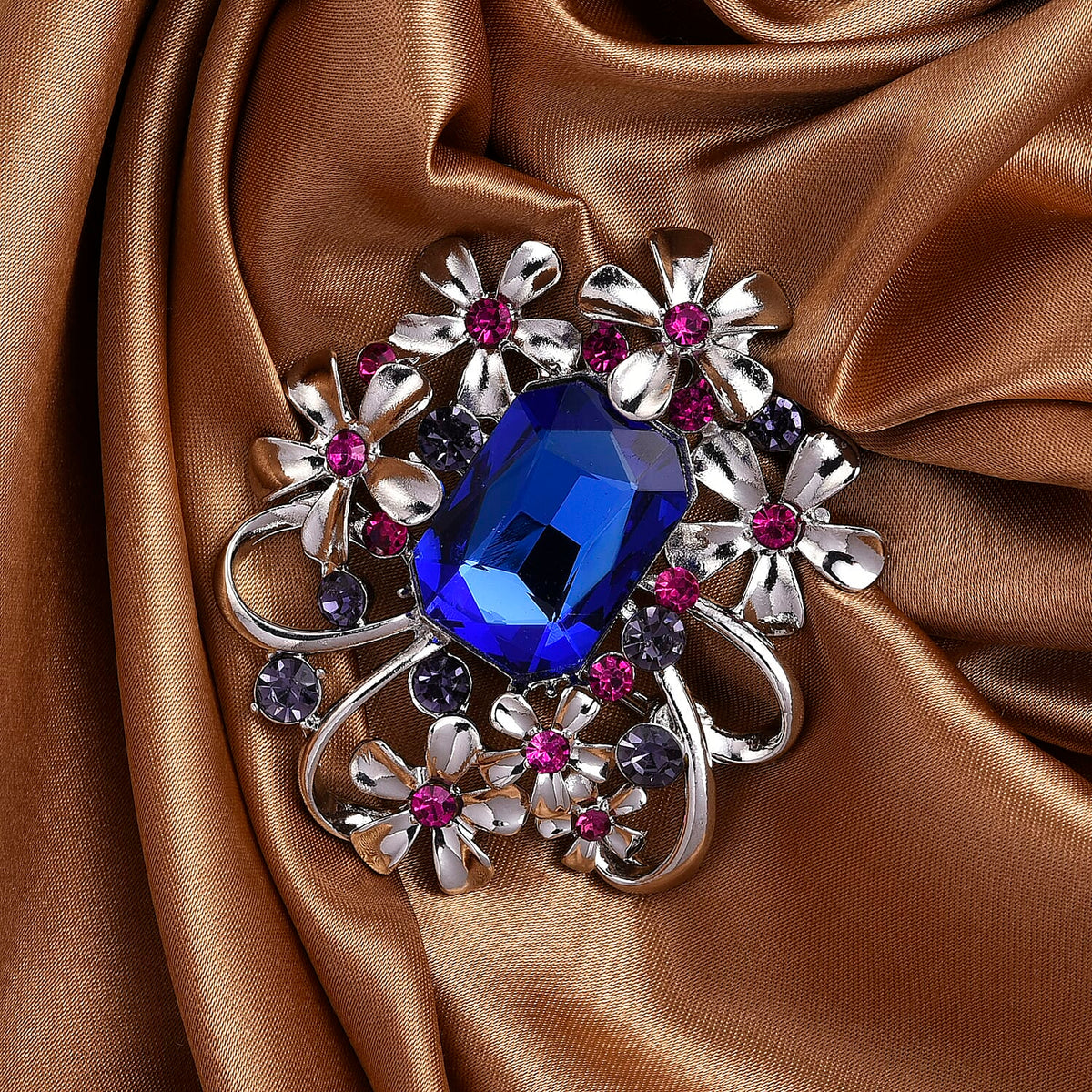 Purple Crystal, Fuchsia Crystal &amp; Blue Glass Floral Brooch in White Silver Tone 8311531 2