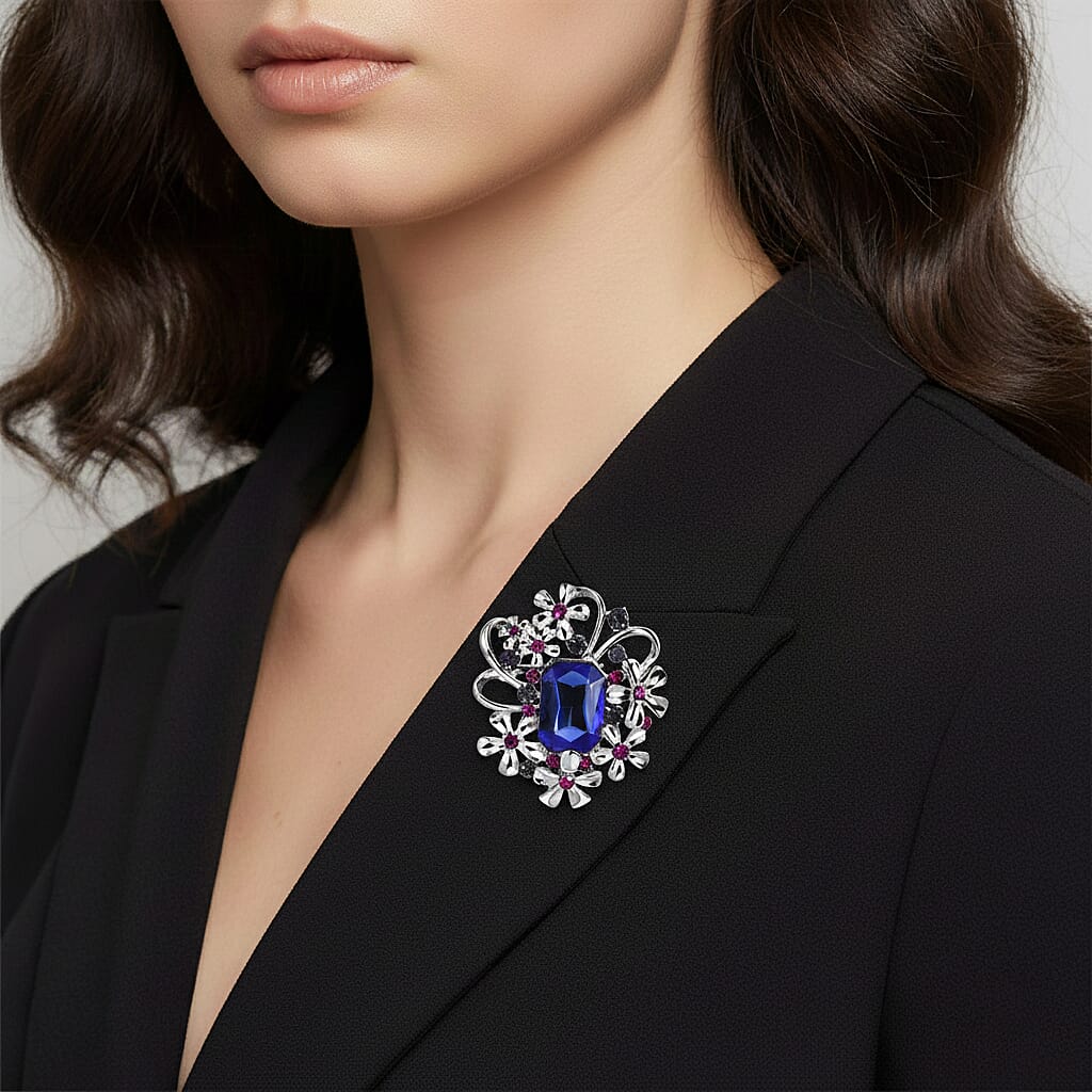 Purple Crystal, Fuchsia Crystal &amp; Blue Glass Floral Brooch in White Silver Tone 8311531 3