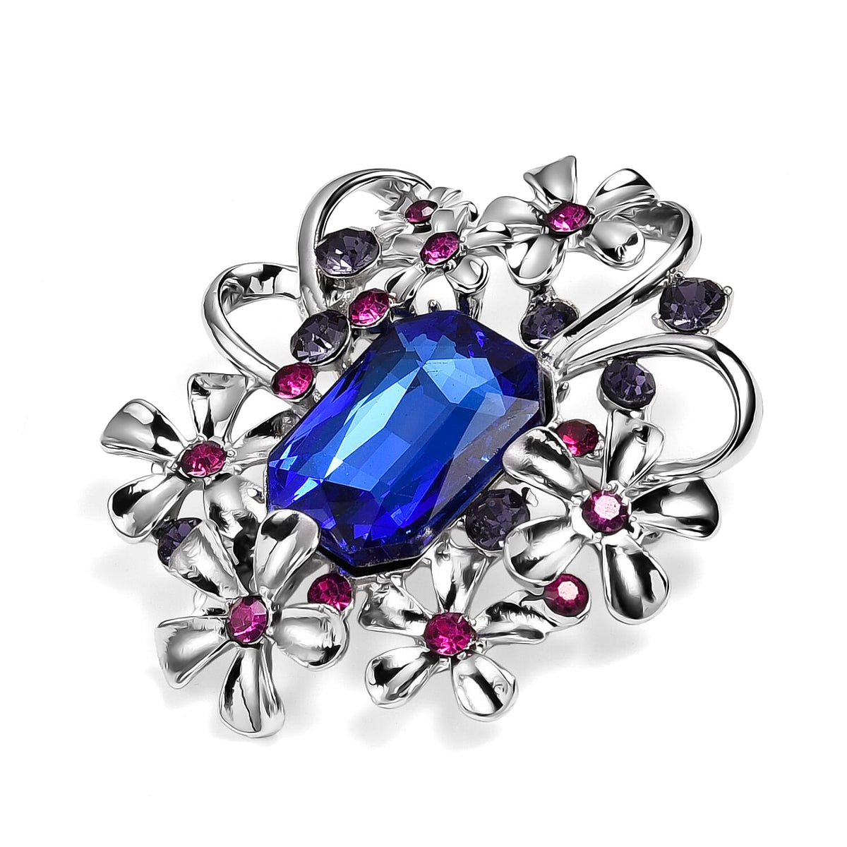 Purple Crystal, Fuchsia Crystal &amp; Blue Glass Floral Brooch in White Silver Tone 8311531 4