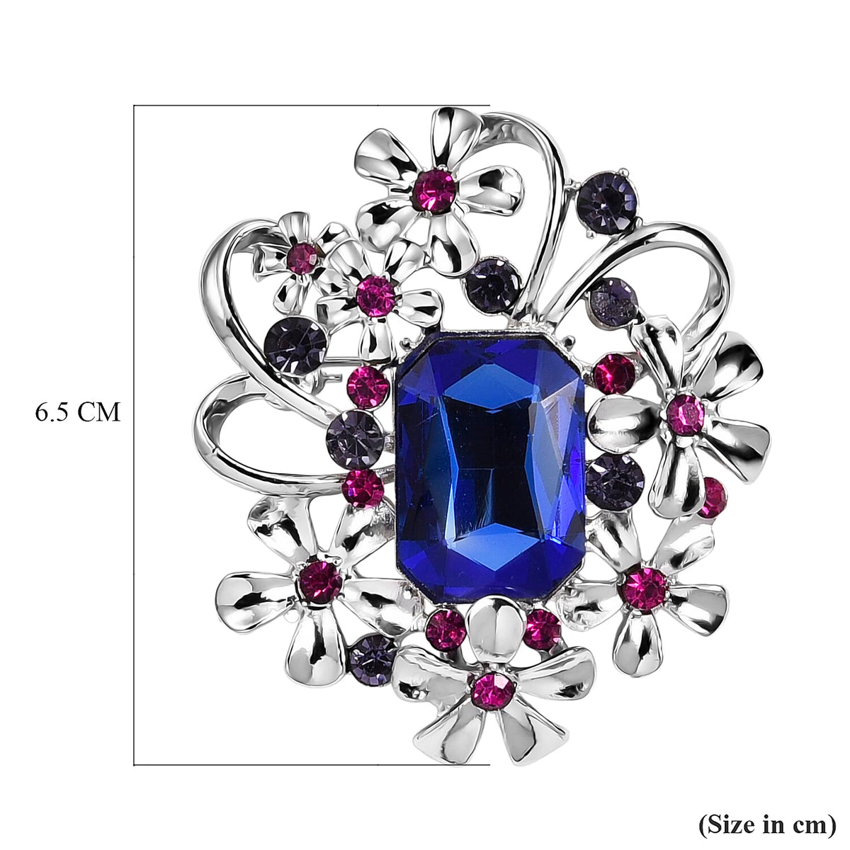 Purple Crystal, Fuchsia Crystal &amp; Blue Glass Floral Brooch in White Silver Tone 8311531 6