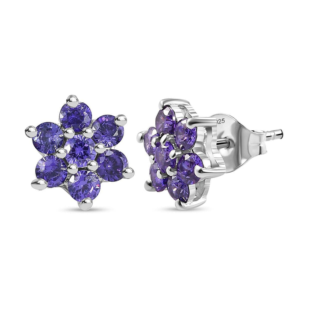 Purple Cubic Zirconia  Cluster Earring in rhodium Sterling Silver 1.26 ct  1.736  Ct.