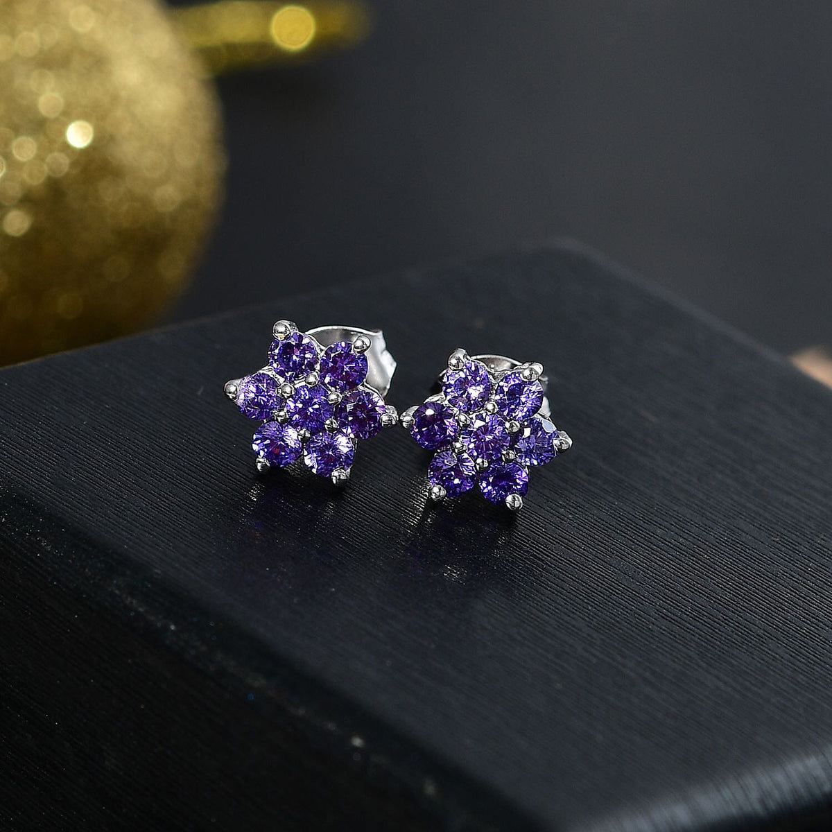 Purple Cubic Zirconia  Cluster Earring in rhodium Sterling Silver 1.26 ct  1.736  Ct. 7966385 1