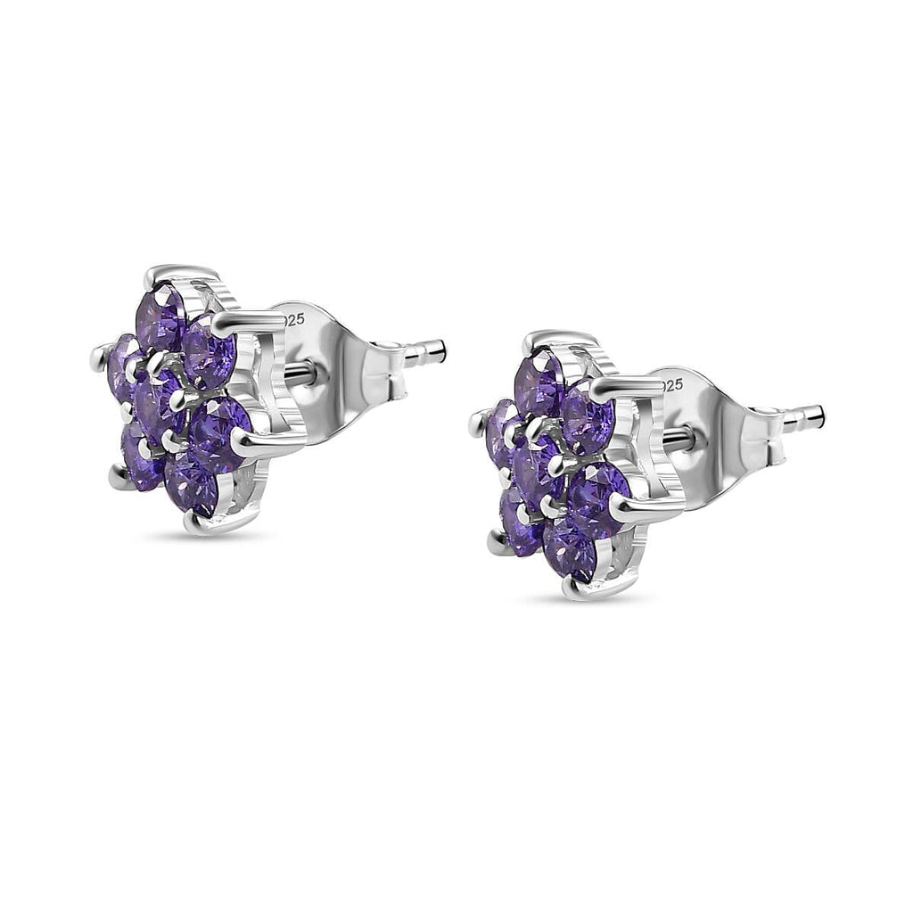 Purple Cubic Zirconia  Cluster Earring in rhodium Sterling Silver 1.26 ct  1.736  Ct.