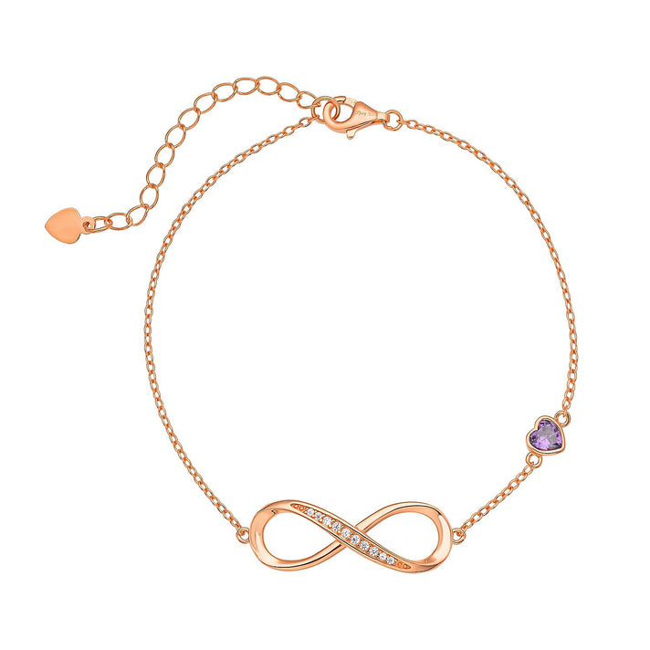 Simulated Purple Sapphire and Simulated Diamond Infinity Bracelet (Size - 7.5 With 1.5 Inch Ext.) in Vermeil Rose Gold Plated Sterling Silver. 7157967 1