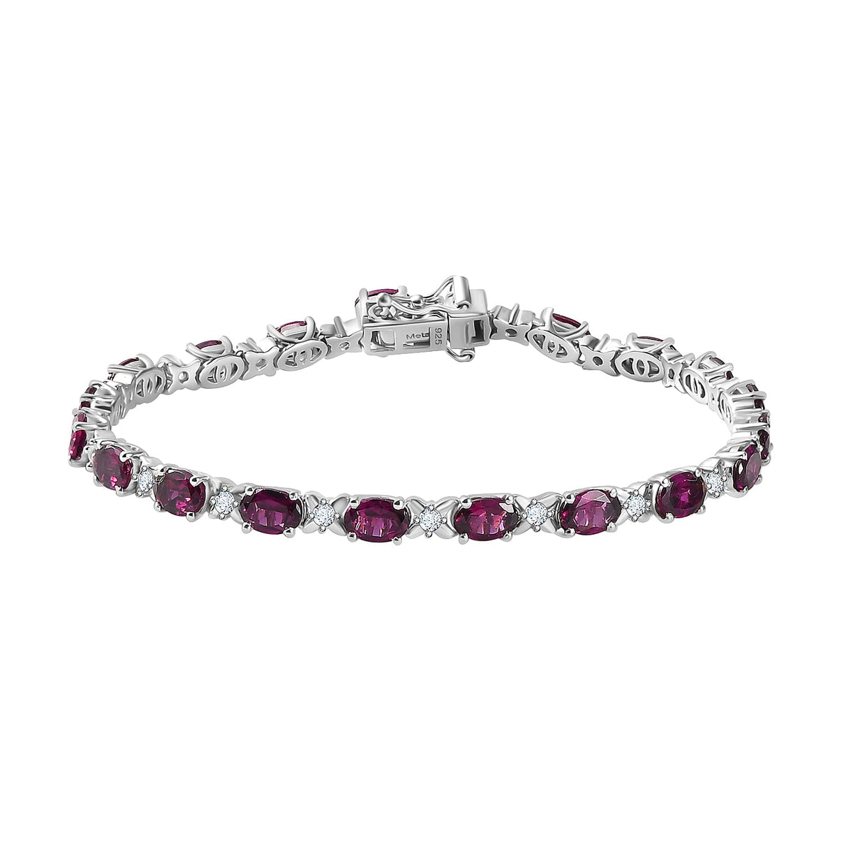 Natural Ember Garnet &amp; Natural Zircon Tennis Bracelet (Size - 7.5) in Rhodium Overlay Sterling Silver 12.35 ct, 7845861 0