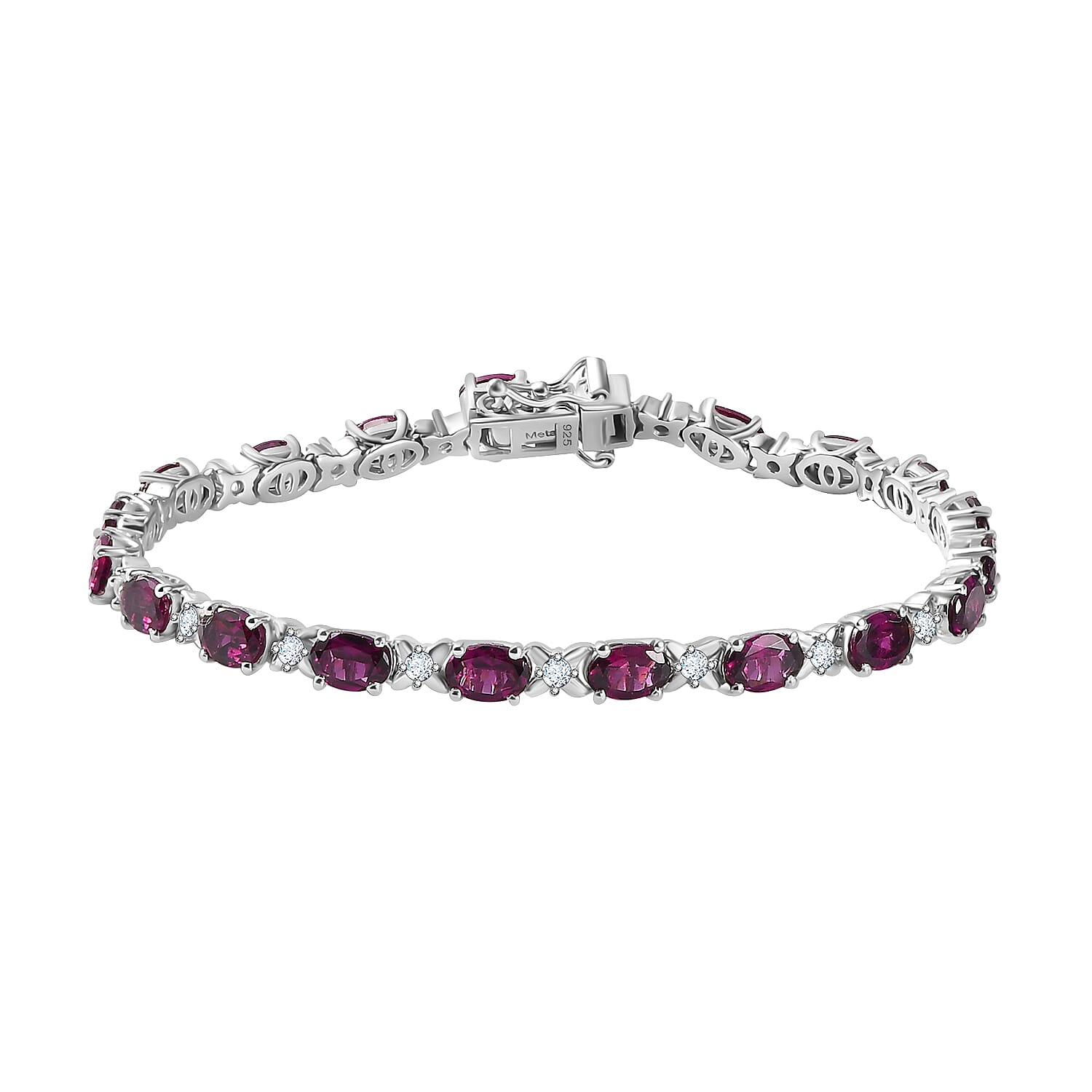 Natural Ember Garnet &amp; Natural Zircon Tennis Bracelet (Size - 7.5) in Rhodium Overlay Sterling Silver 12.35 ct, 7845861 0