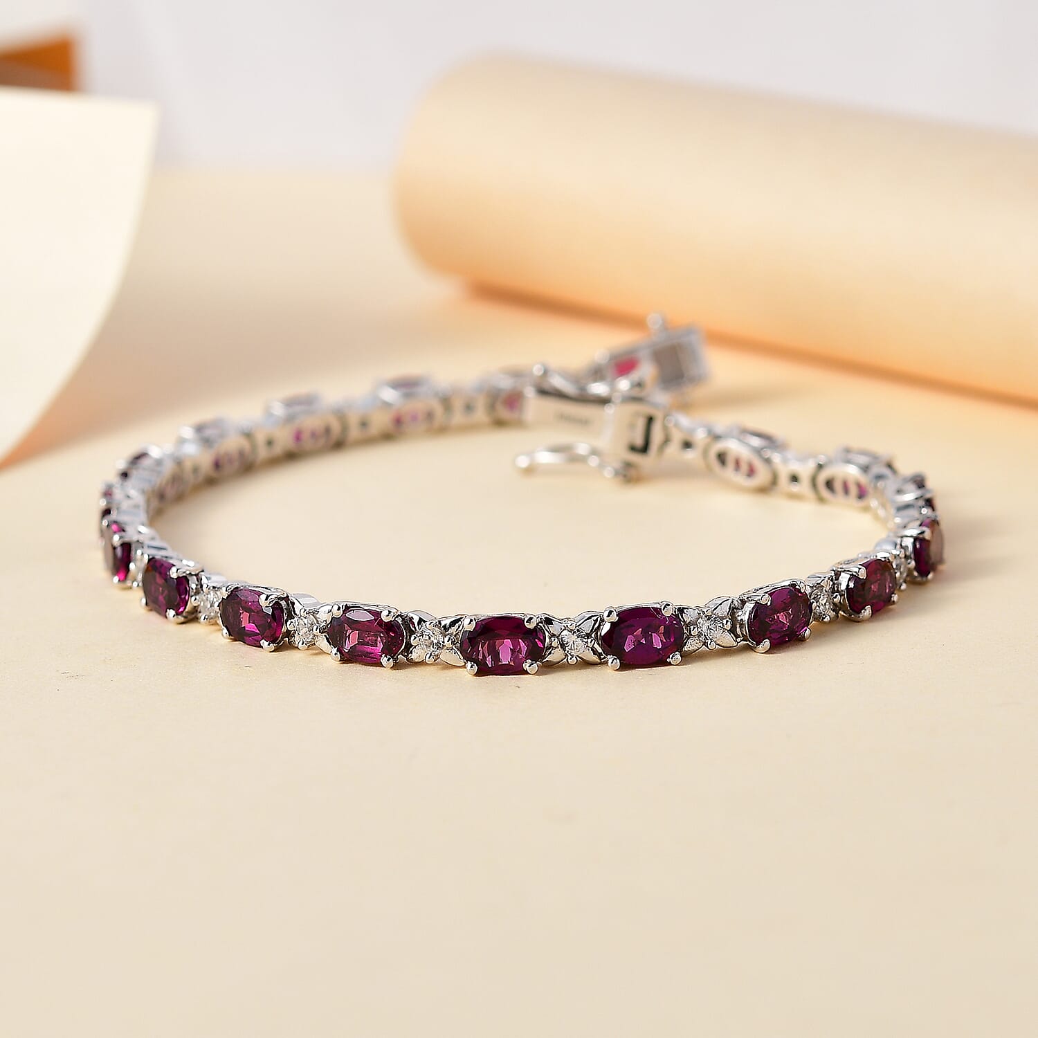 Natural Ember Garnet &amp; Natural Zircon Tennis Bracelet (Size - 7.5) in Rhodium Overlay Sterling Silver 12.35 ct, 7845861 2