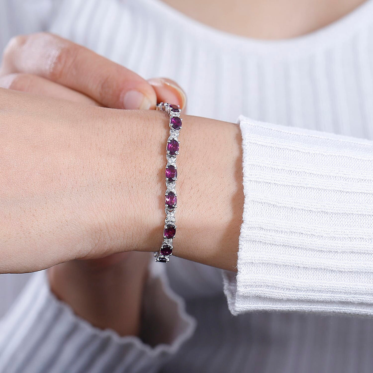 Natural Ember Garnet &amp; Natural Zircon Tennis Bracelet (Size - 7.5) in Rhodium Overlay Sterling Silver 12.35 ct, 7845861 3