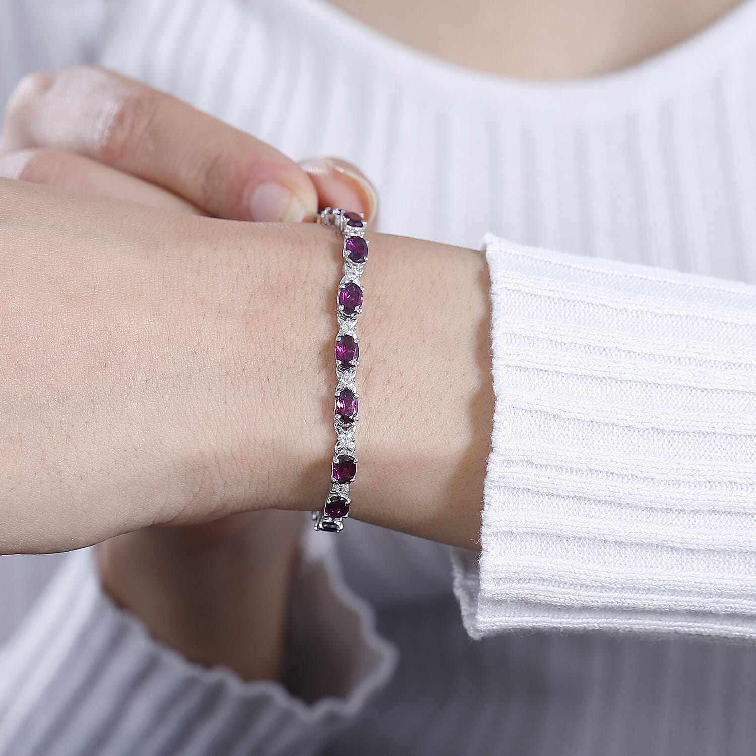 Natural Ember Garnet &amp; Natural Zircon Tennis Bracelet (Size - 7.5) in Rhodium Overlay Sterling Silver 12.35 ct, 7845861 3
