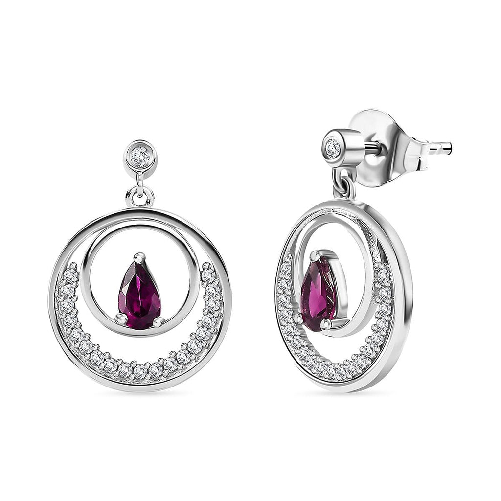 Natural Ember Garnet, White Zircon  Dangling Earring in Rhodium Overlay Sterling Silver 1.88 ct.