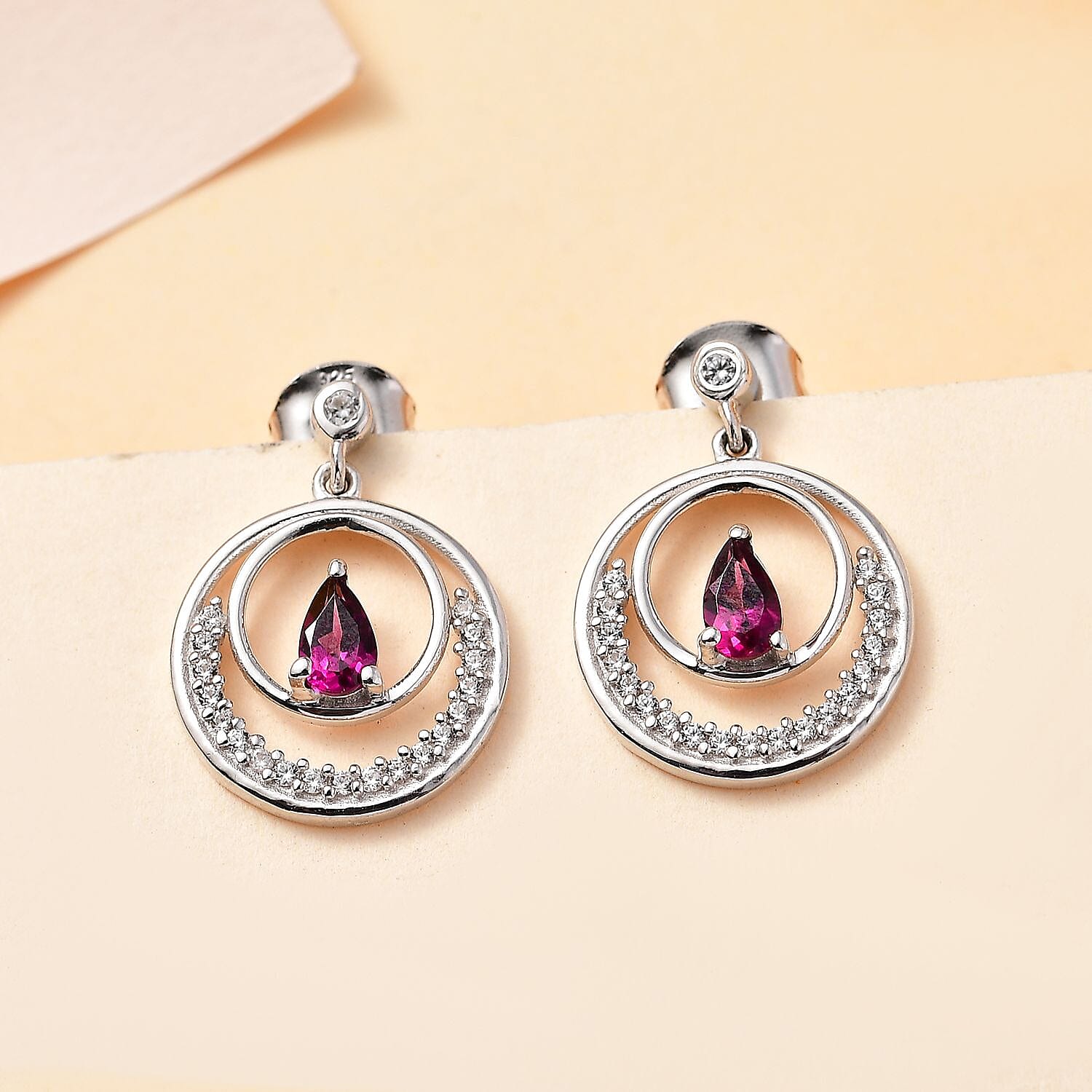 Tony Diniz Collection - Natural Ember Garnet, White Zircon Dangling Earrings in Rhodium Overlay Sterling Silver 7814582 2
