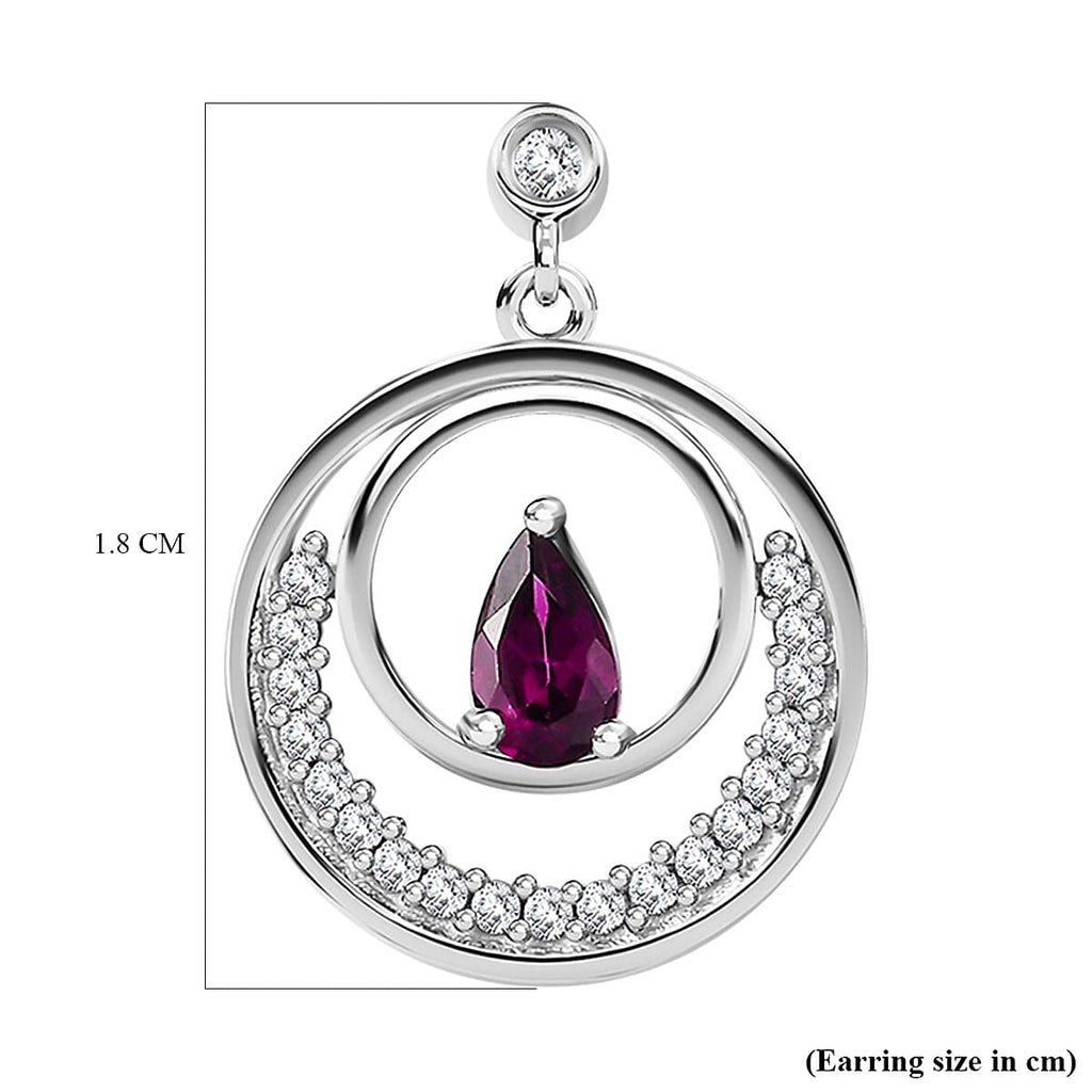 Natural Ember Garnet, White Zircon  Dangling Earring in Rhodium Overlay Sterling Silver 1.88 ct.