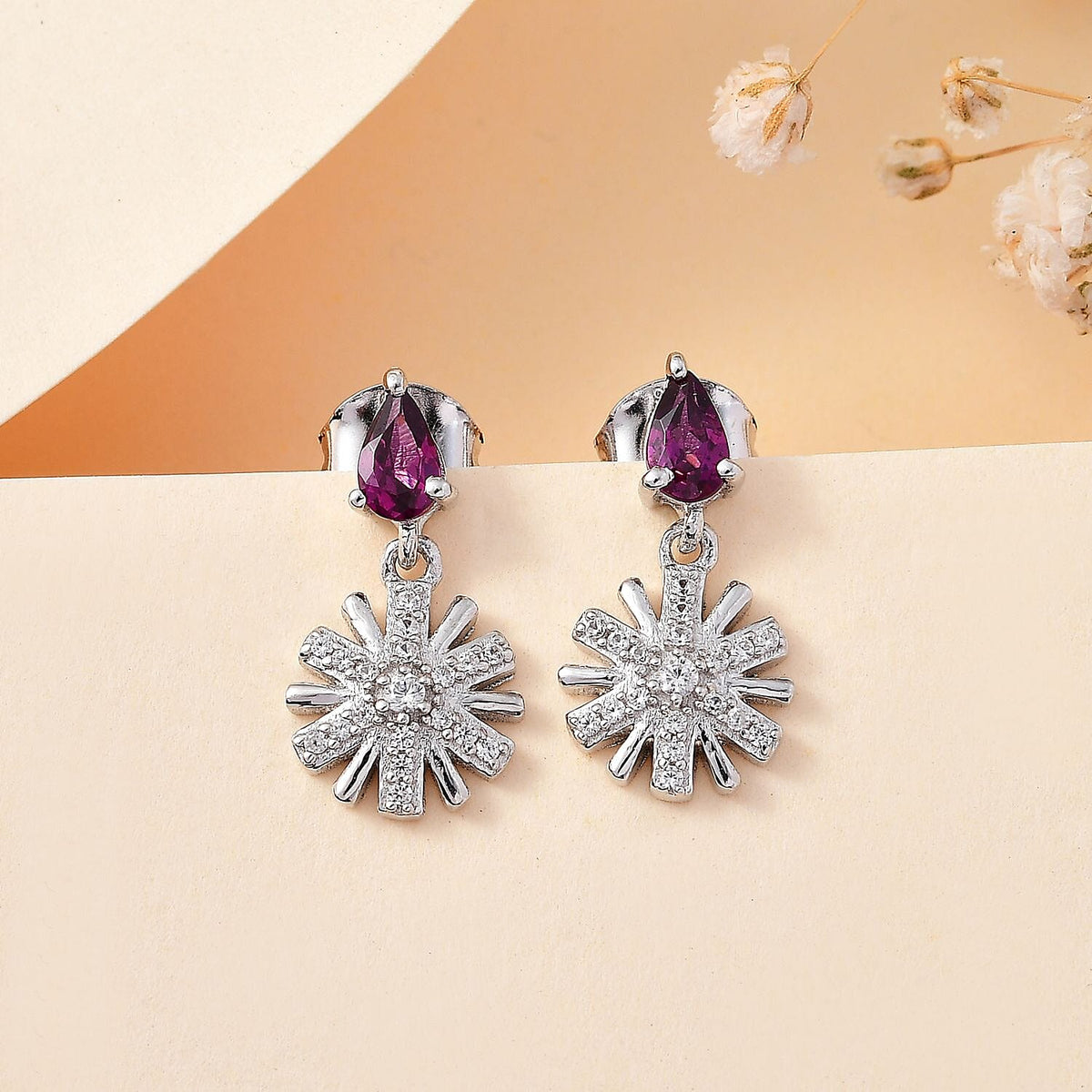 Natural Ember Garnet, Natural White Zircon Dangling Earrings in Rhodium Overlay Sterling Silver 1.32 ct 7815181 2