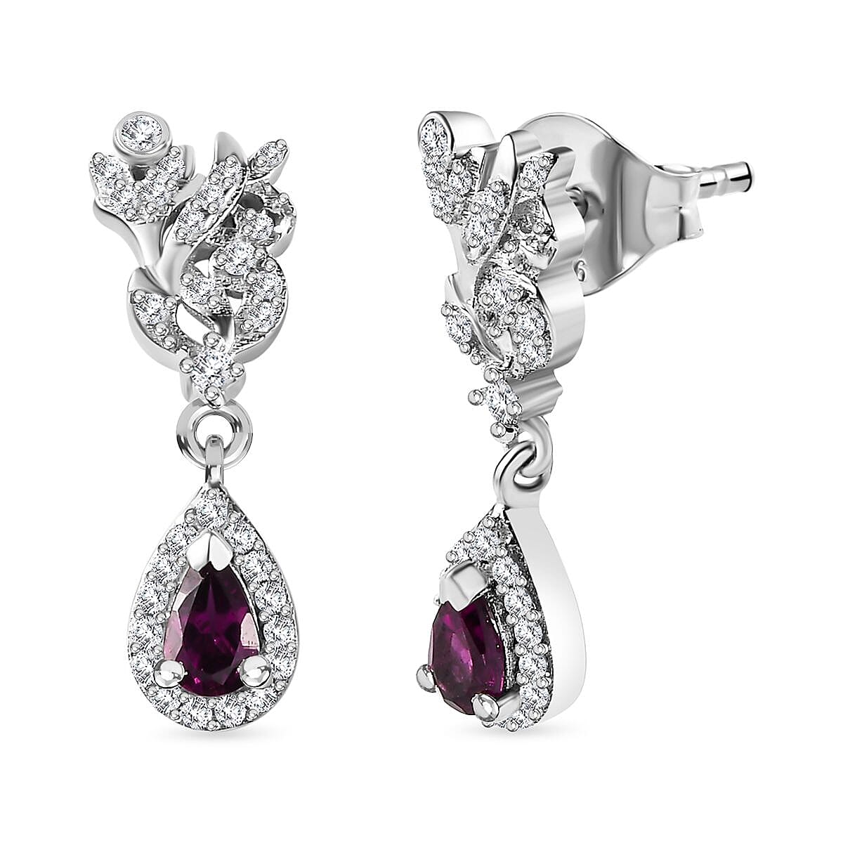Purple Garnet, White Zircon Dangling Earrings in Rhodium Plated Sterling Silver, 1.962  Ct. 7817060 0