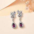 Natural Ember Garnet, White Zircon  Dangling Earring in Rhodium Overlay Sterling Silver 1.962  Ct.