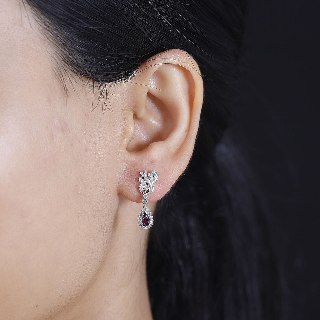 Natural Ember Garnet, White Zircon  Dangling Earring in Rhodium Overlay Sterling Silver 1.962  Ct.