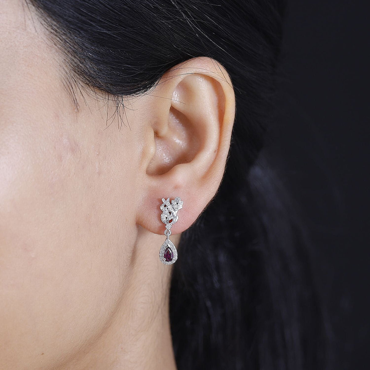 Purple Garnet, White Zircon Dangling Earrings in Rhodium Plated Sterling Silver, 1.962  Ct. 7817060 3