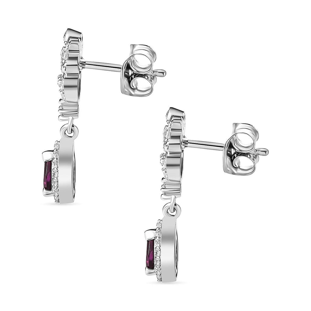 Natural Ember Garnet, White Zircon  Dangling Earring in Rhodium Overlay Sterling Silver 1.962  Ct.