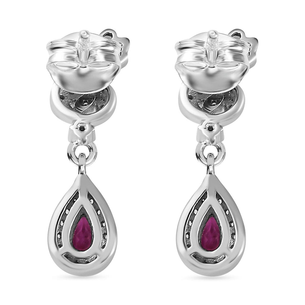 Natural Ember Garnet, White Zircon  Dangling Earring in Rhodium Overlay Sterling Silver 1.962  Ct.