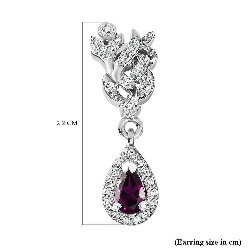 Natural Ember Garnet, White Zircon  Dangling Earring in Rhodium Overlay Sterling Silver 1.962  Ct.