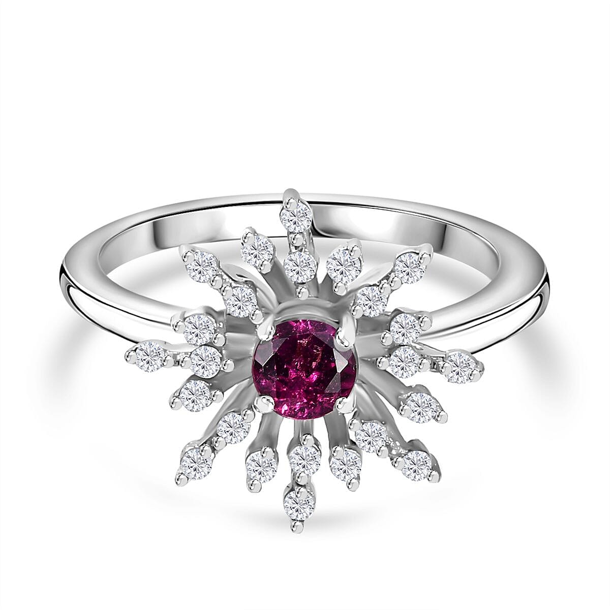 Purple Garnet, White Zircon Firework Ring in Rhodium Overlay Sterling Silver, 0.627  Ct. 7817821 0