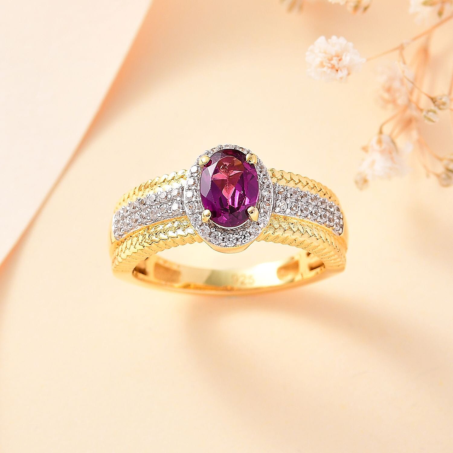 Natural Ember Garnet, Natural White Zircon Halo Ring in 18K Gold Vermeil Plated Sterling Silver 1.91 ct 7814839 1