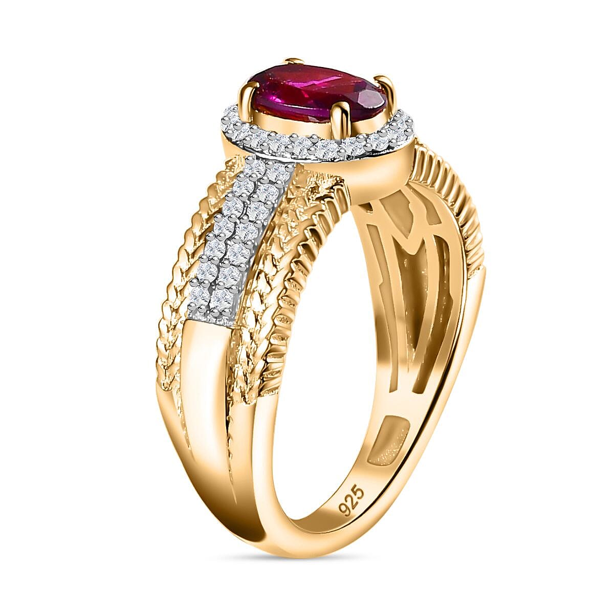 Natural Ember Garnet, Natural White Zircon Halo Ring in 18K Gold Vermeil Plated Sterling Silver 1.91 ct 7814839 3