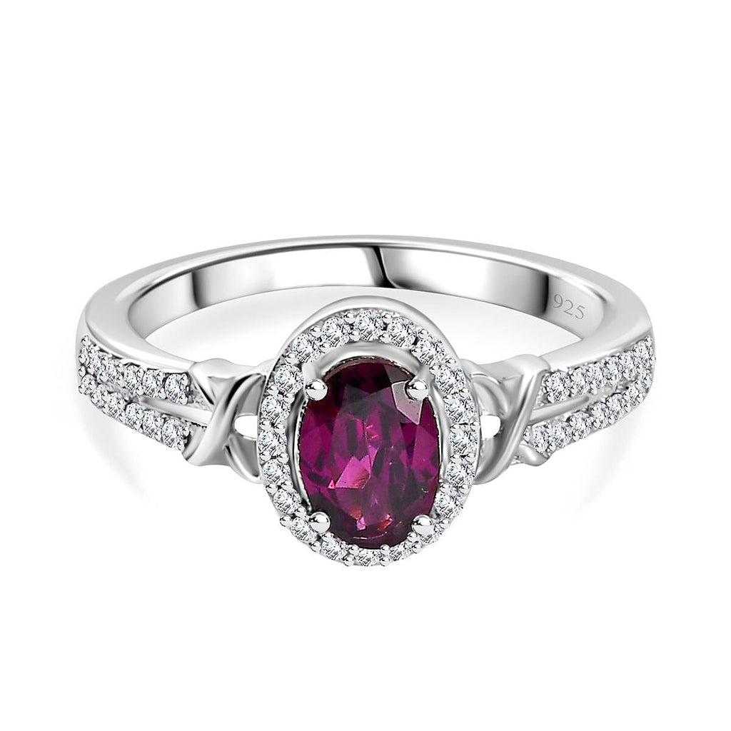 Natural Ember Garnet, Natural White Zircon Ring in Rhodium Overlay Sterling Silver 1.24 Ct.