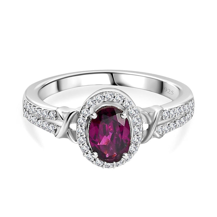 Natural Ember Garnet, Natural White Zircon Halo Ring in Rhodium Overlay Sterling Silver 7815232 1