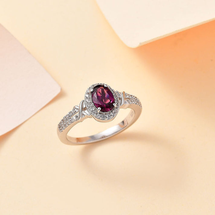 Natural Ember Garnet, Natural White Zircon Halo Ring in Rhodium Overlay Sterling Silver 7815232 2
