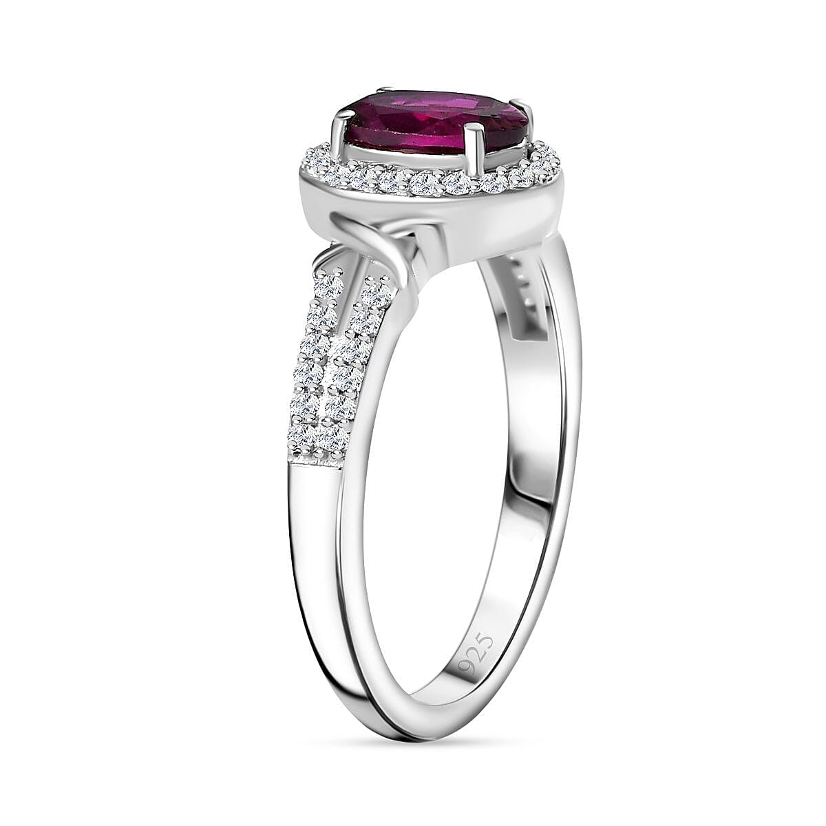 Natural Ember Garnet, Natural White Zircon Halo Ring in Rhodium Overlay Sterling Silver V32605971 3