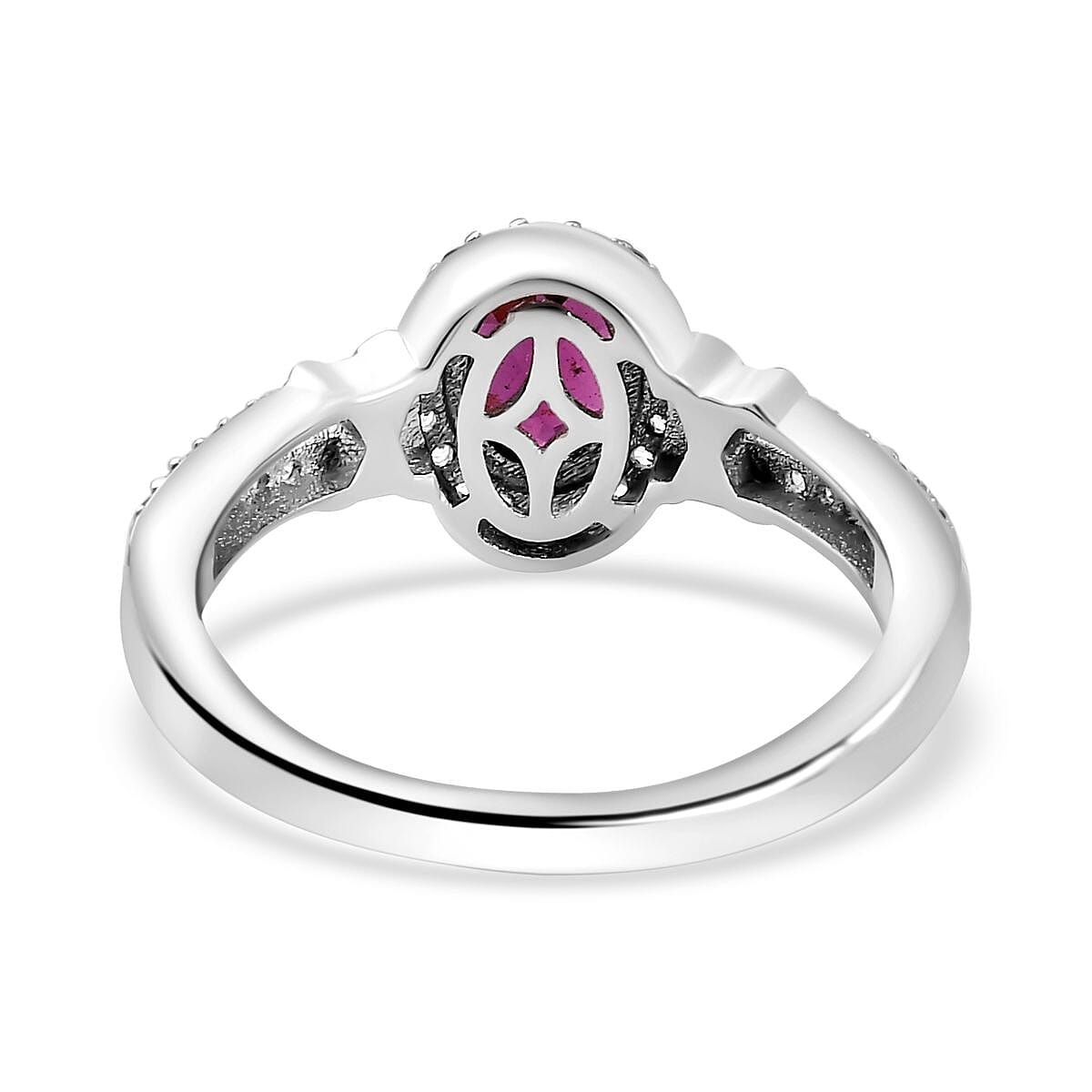 Natural Ember Garnet, Natural White Zircon Halo Ring in Rhodium Overlay Sterling Silver V32605971 4