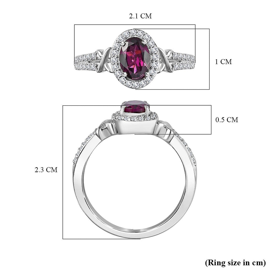 Natural Ember Garnet, Natural White Zircon Ring in Rhodium Overlay Sterling Silver 1.24 Ct.