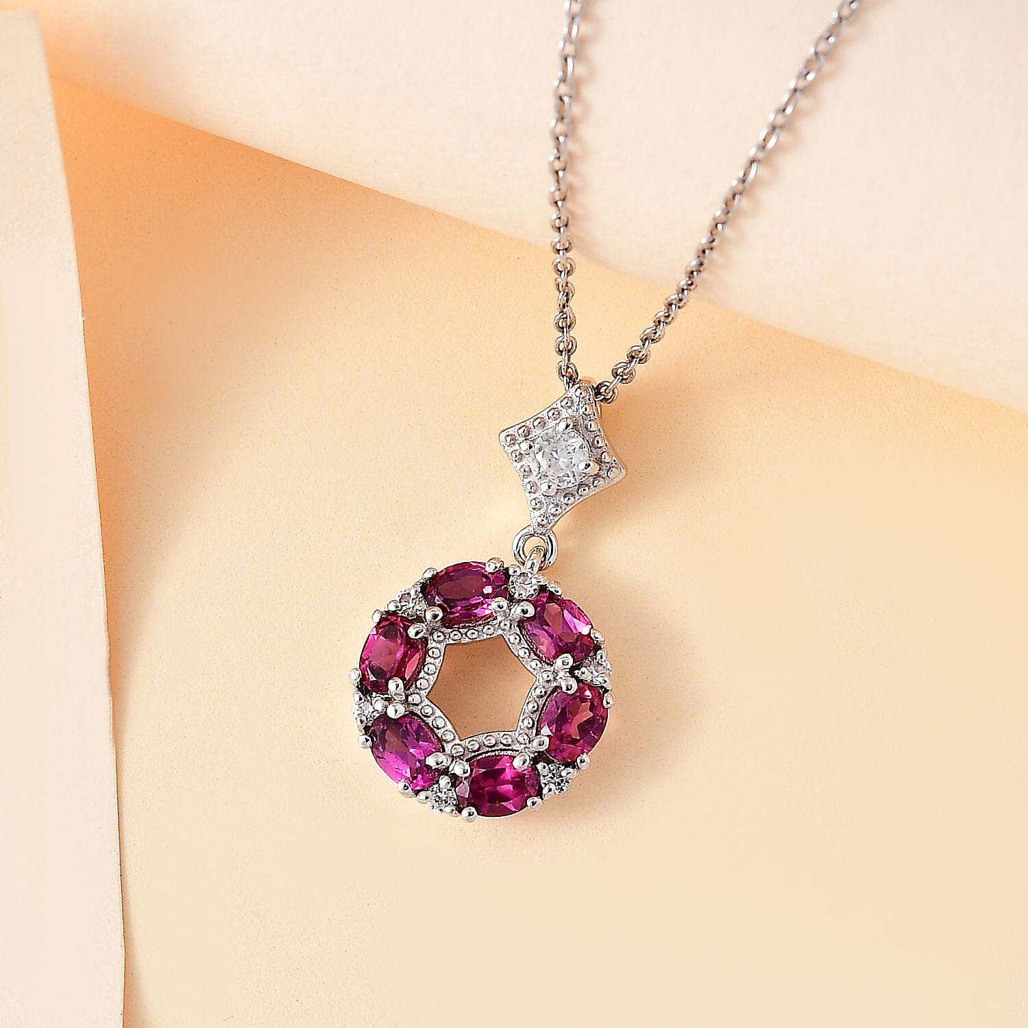 Tony Diniz Collection - Natural Ember Garnet, Natural White Zircon Circle Pendant with Chain (Size 20) in Rhodium Overlay Sterling Silver 1.580  ct. 4285786 2