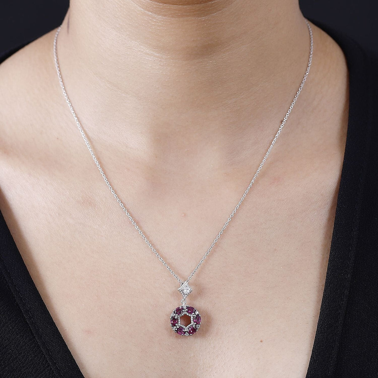 Tony Diniz Collection - Natural Ember Garnet, Natural White Zircon Circle Pendant with Chain (Size 20) in Rhodium Overlay Sterling Silver 1.580  ct. 4285786 3