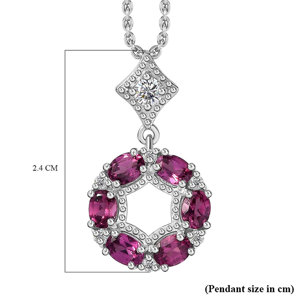 Tony Diniz Collection - Natural Ember Garnet, Natural White Zircon Pendant with Chain (Size 20) in Rhodium Overlay Sterling Silver 1.580  Ct.