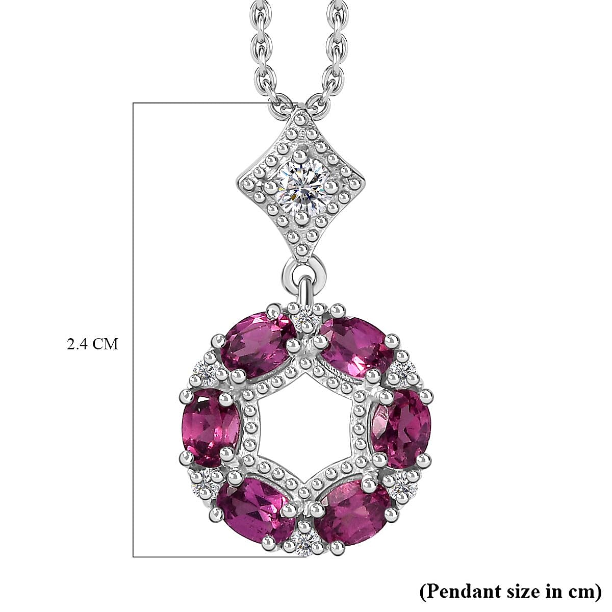 Tony Diniz Collection - Natural Ember Garnet, Natural White Zircon Circle Pendant with Chain (Size 20) in Rhodium Overlay Sterling Silver 1.580  ct. 4285786 7