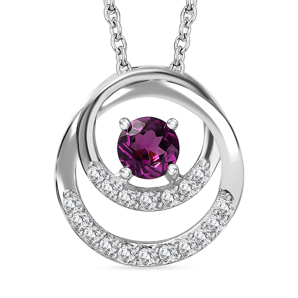 Tony Diniz Collection - Natural Ember Garnet,  White Zircon Pendant with Chain (Size 20) in Rhodium Overlay Sterling Silver 4285790 0