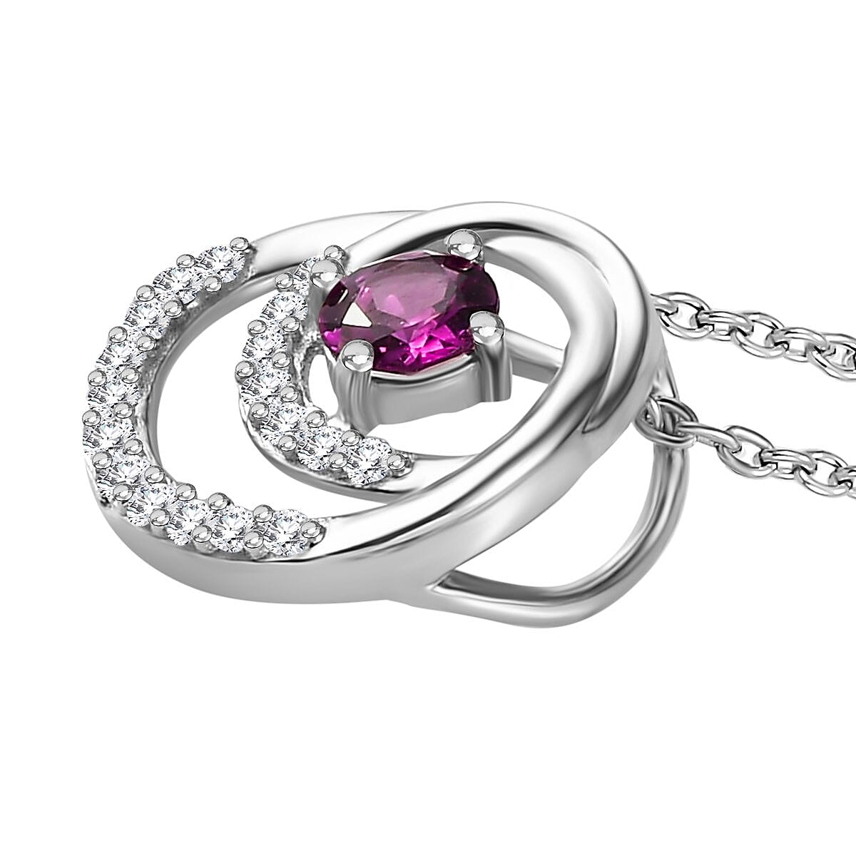 Tony Diniz Collection - Natural Ember Garnet,  White Zircon Pendant with Chain (Size 20) in Rhodium Overlay Sterling Silver 4285790 4