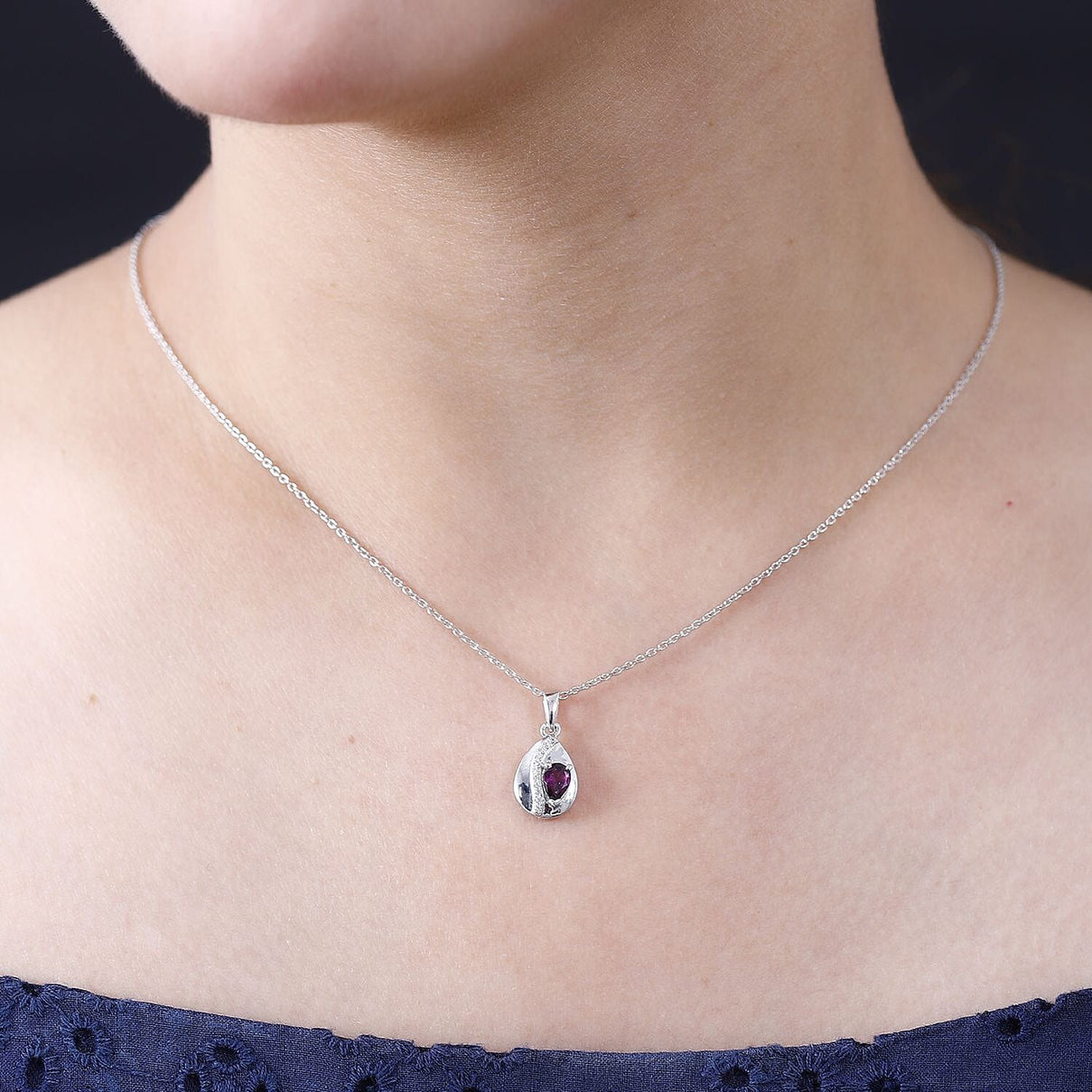 Tony Diniz Collection - Natural Ember Garnet, Natural  White Zircon Drop Pendant with Chain (Size 20) in Rhodium Overlay Sterling Silver 4285812 2