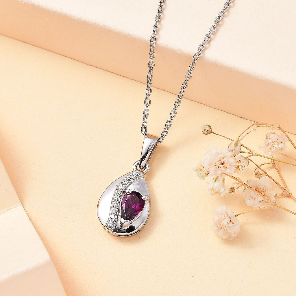 Tony Diniz Collection - Natural Ember Garnet, Natural  White Zircon Pendant with Chain (Size 20) in Rhodium Overlay Sterling Silver