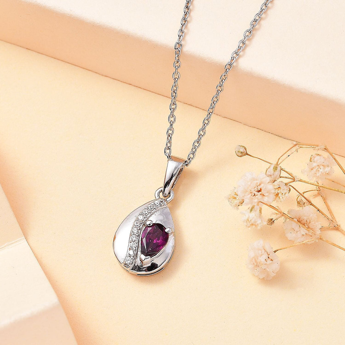 Tony Diniz Collection - Natural Ember Garnet, Natural  White Zircon Drop Pendant with Chain (Size 20) in Rhodium Overlay Sterling Silver 4285812 3