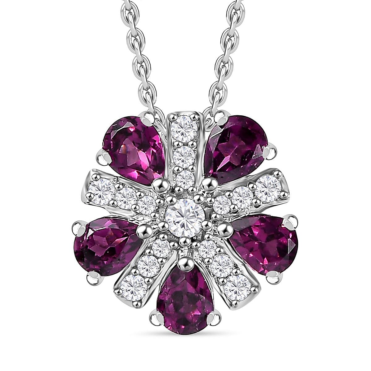 Tony Diniz Collection - Natural Ember Garnet, Natural White Zircon Pendant with Chain (Size 20) in Rhodium Overlay Sterling Silver 4286013 0