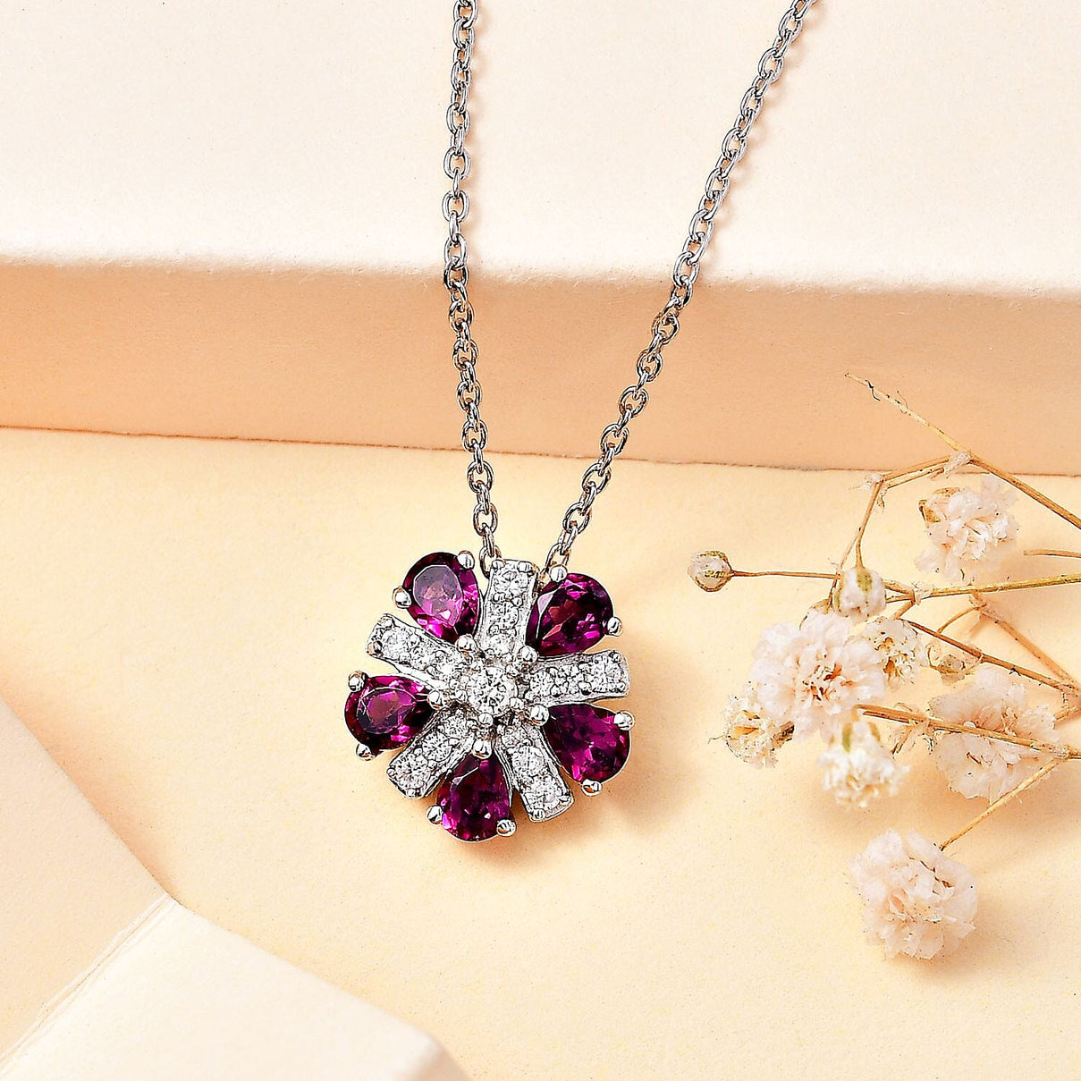 Tony Diniz Collection - Natural Ember Garnet, Natural White Zircon Pendant with Chain (Size 20) in Rhodium Overlay Sterling Silver 4286013 3
