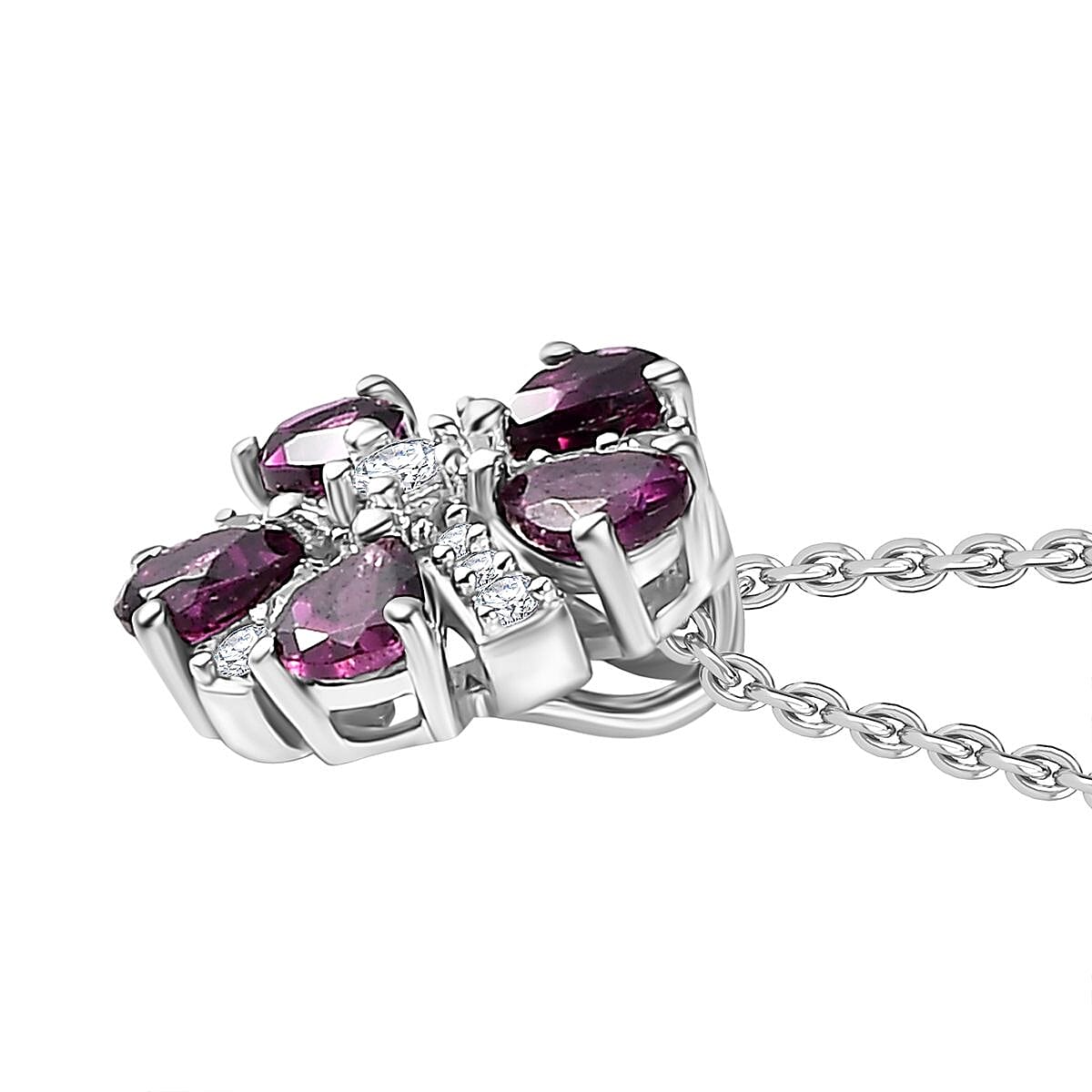 Tony Diniz Collection - Natural Ember Garnet, Natural White Zircon Pendant with Chain (Size 20) in Rhodium Overlay Sterling Silver 4286013 4